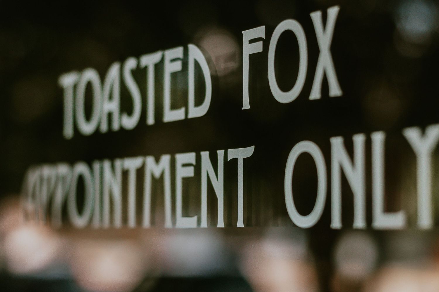 Close-up of etched glass sign reading Toasted Fox Appointment Only at an upscale salon or boutique.