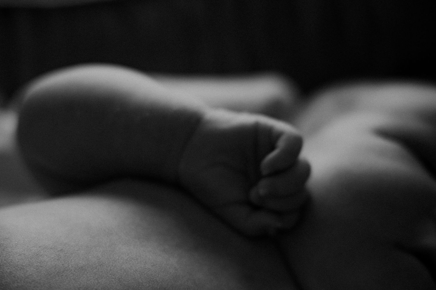 Close-up black and white photo of a newborn baby's tiny clenched fist resting on a soft surface.