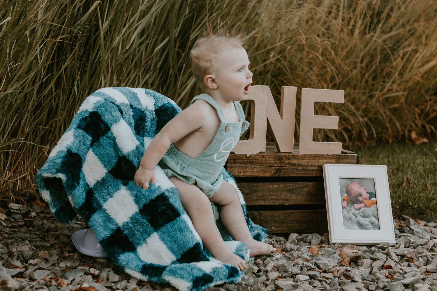 Baby's first birthday photo with wooden ONE sign, plaid blanket, and framed picture on a rustic crate outdoors.