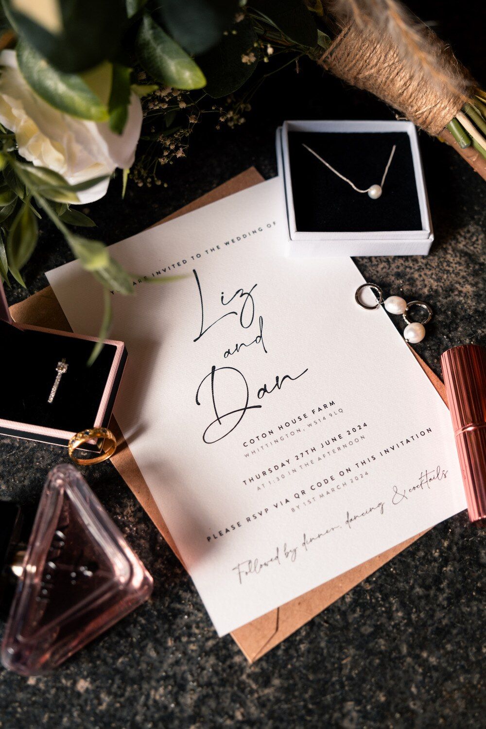 Wedding invitation for Liz and Dan's wedding at Cotton House Farm, Whittington on Thursday, 27th June 2024 at 1:30 PM.