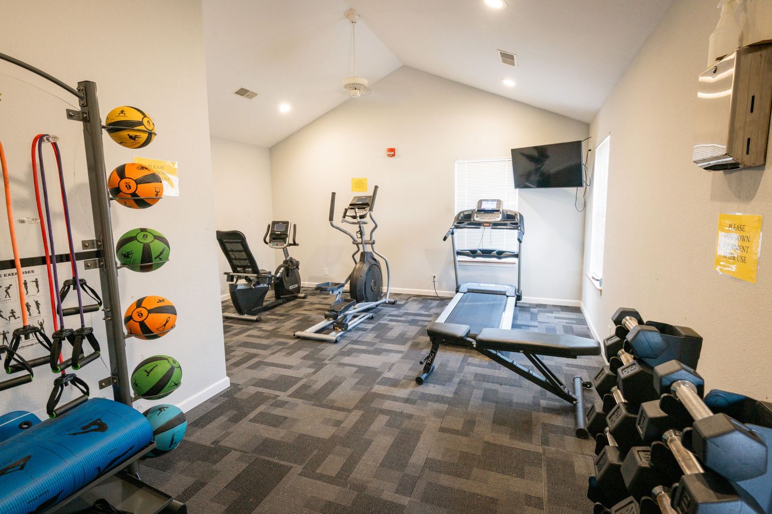 Modern home gym with exercise equipment including treadmill, weights, medicine balls and gray herringbone flooring.