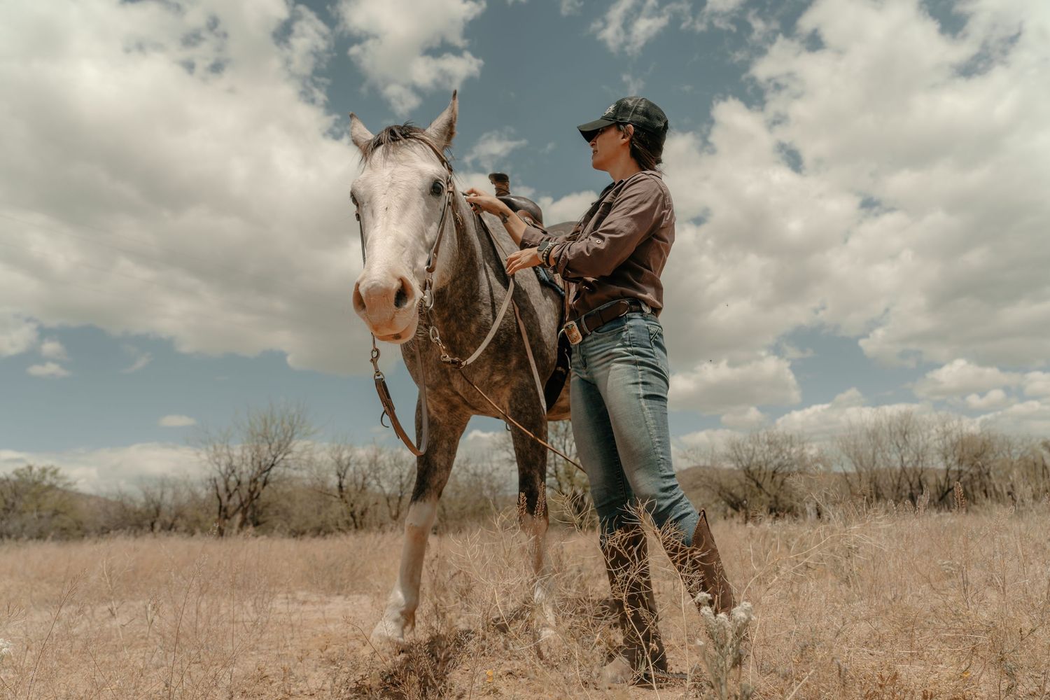A white horse stands in a desert landscape with its rider against a cloudy blue sky.