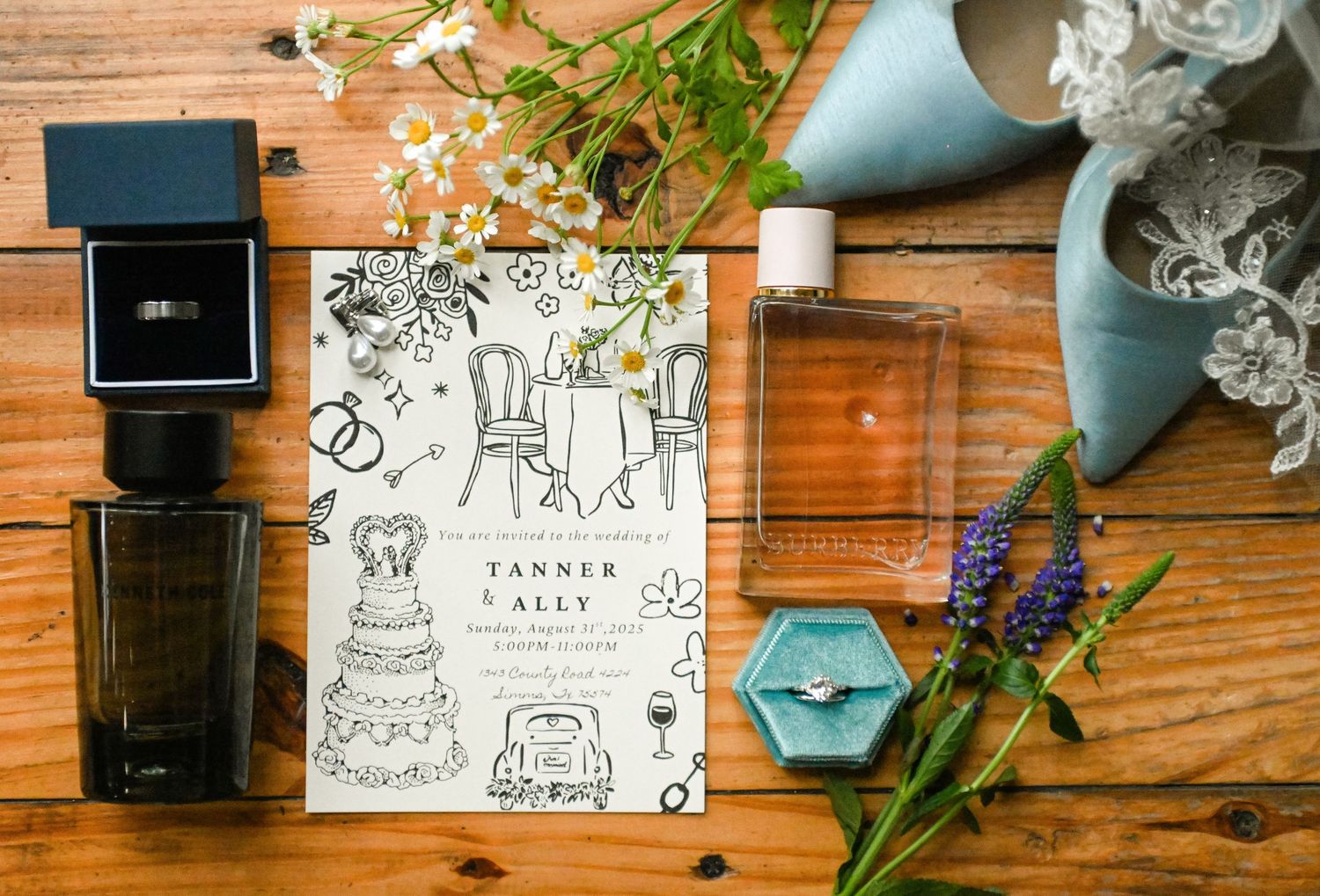 Wedding details including a decorative BRIDE sign, newspaper clipping, and bridal accessories arranged on dark surface.