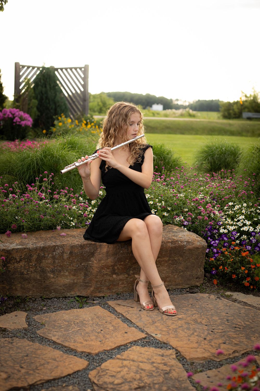 black dress, flute, senior portraits