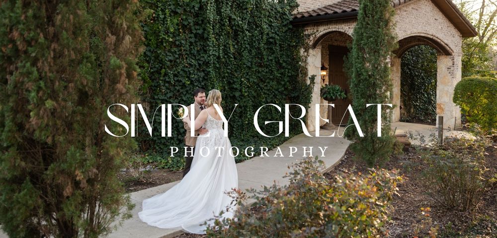 Simply Great Photography banner over a couple embracing immediately after their wedding ceremony ended