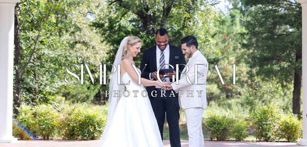 Simply Great Photography banner over a bride and groom exchanging rings and laughing mid-ceremony