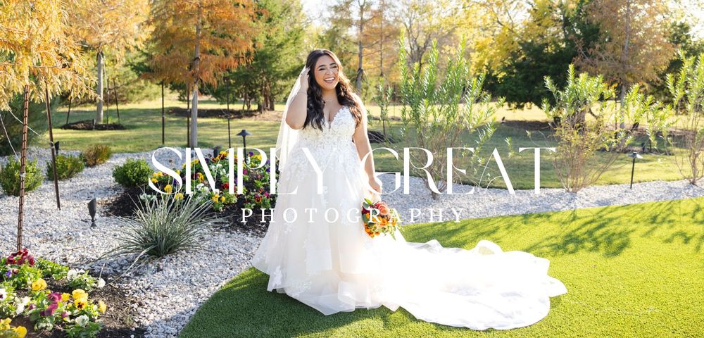 Simply Great Photography banner over a bride joyfully laughing before her wedding ceremony