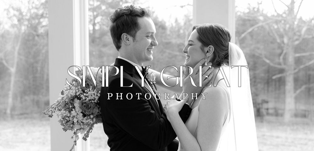 Simply Great Photography banner over a bride and groom holding one another and smiling