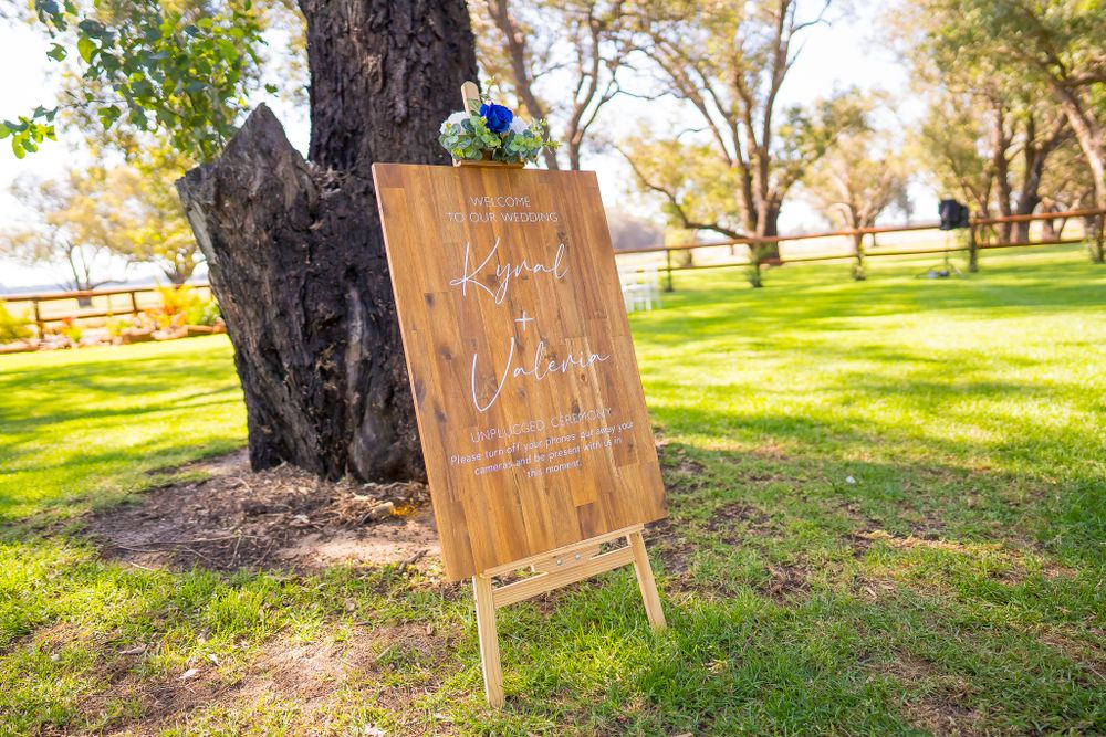 Rustic wooden welcome sign displayed against a tree trunk in a sunny park setting.