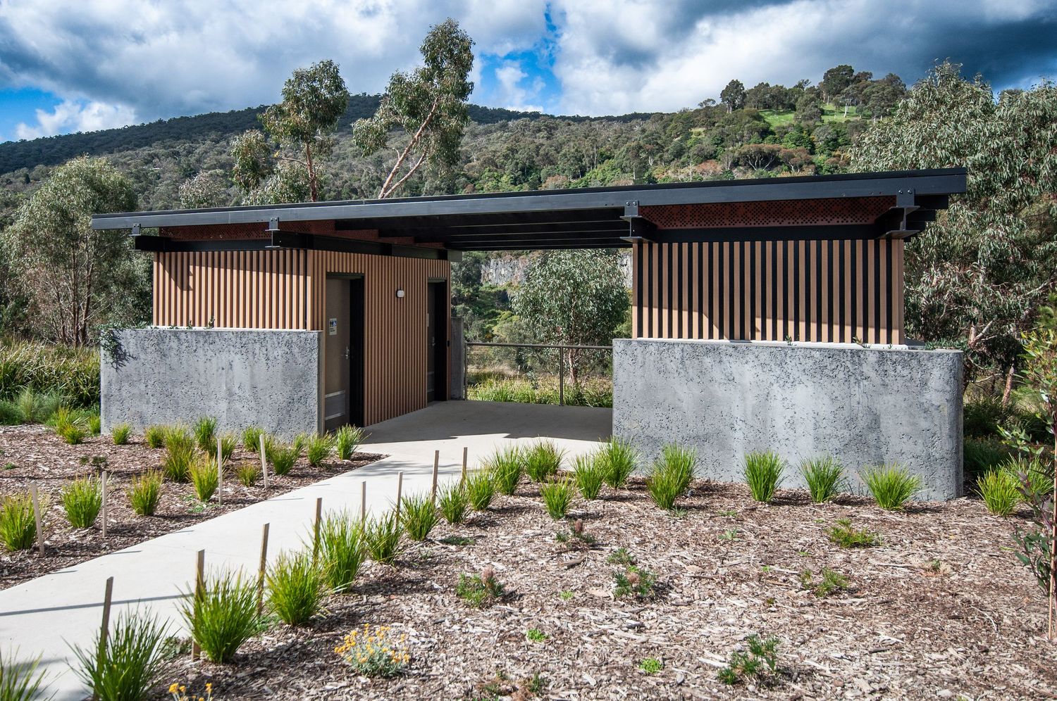 Contemporary architecture featuring wood and concrete elements surrounded by native landscaping.