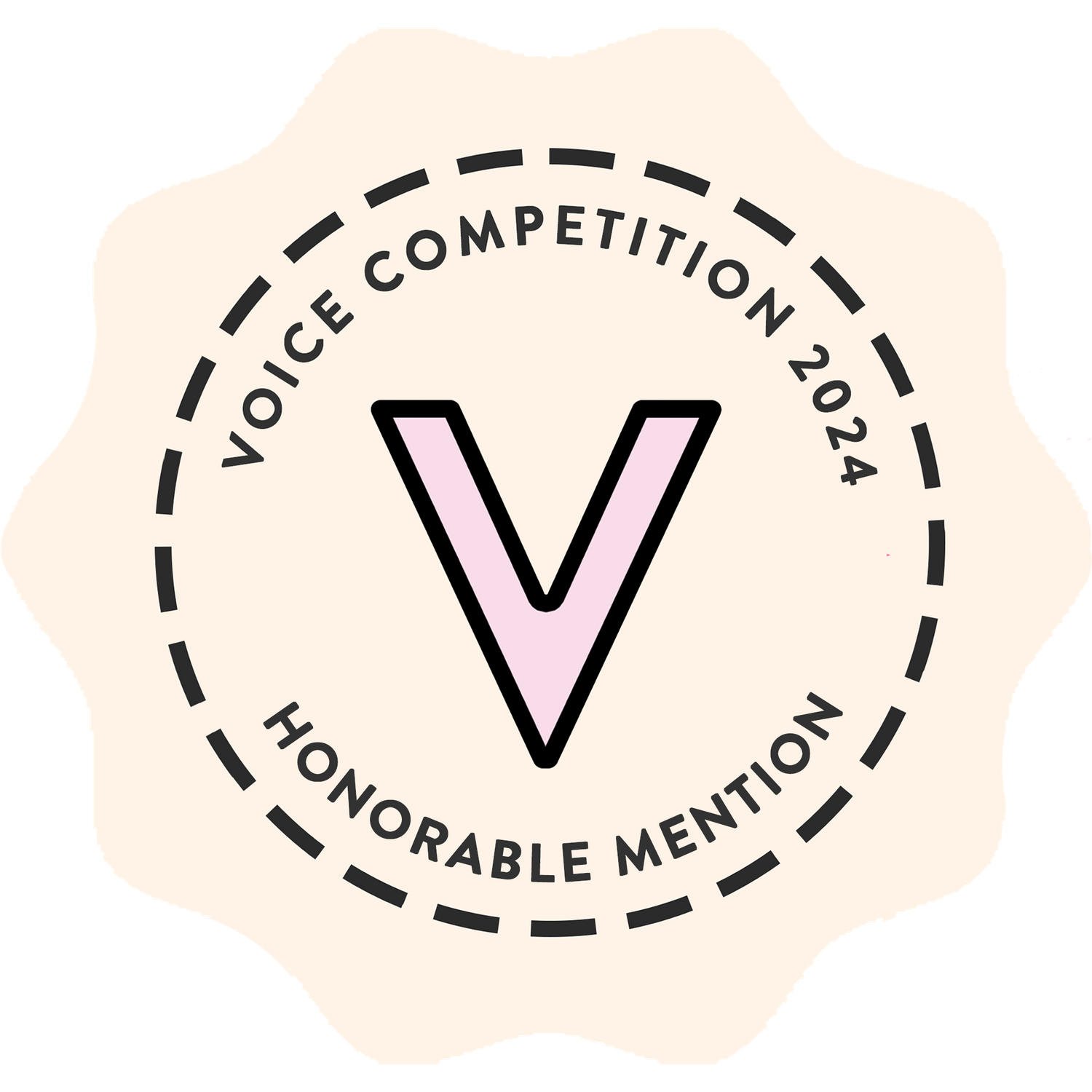 Circular badge with a pink letter V in the center and text 'Voice Competition 2024 Honorable Mention' around the edges.