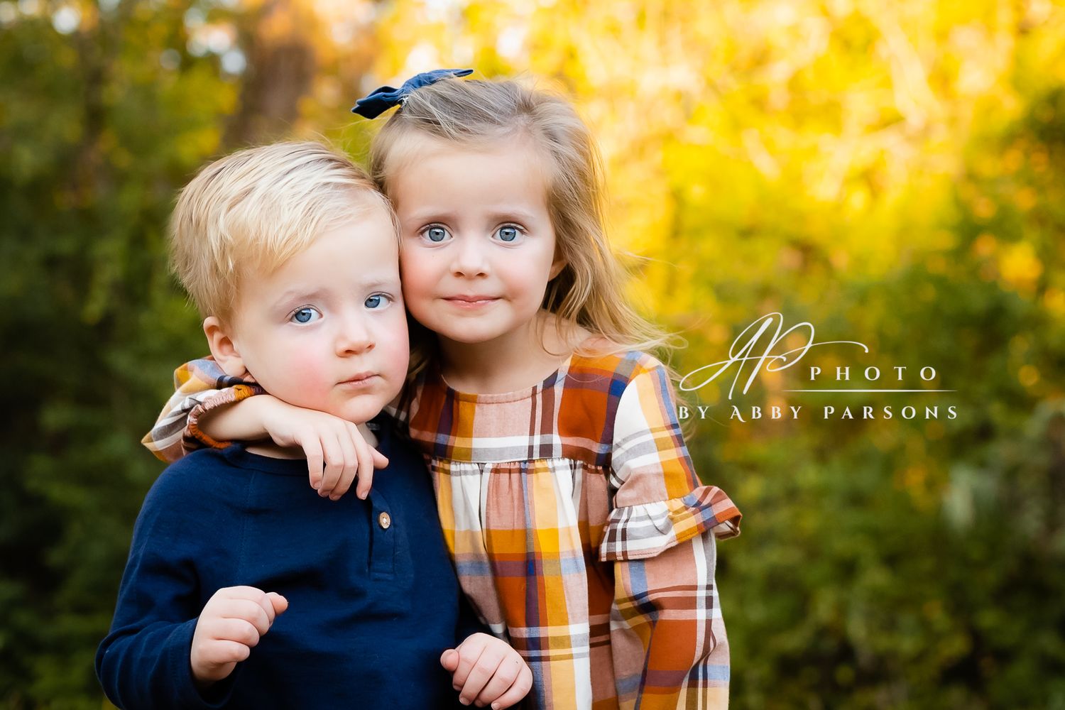 Portrait of two young children in autumn outdoors, one wearing navy blue and one in plaid, against golden fall foliage.