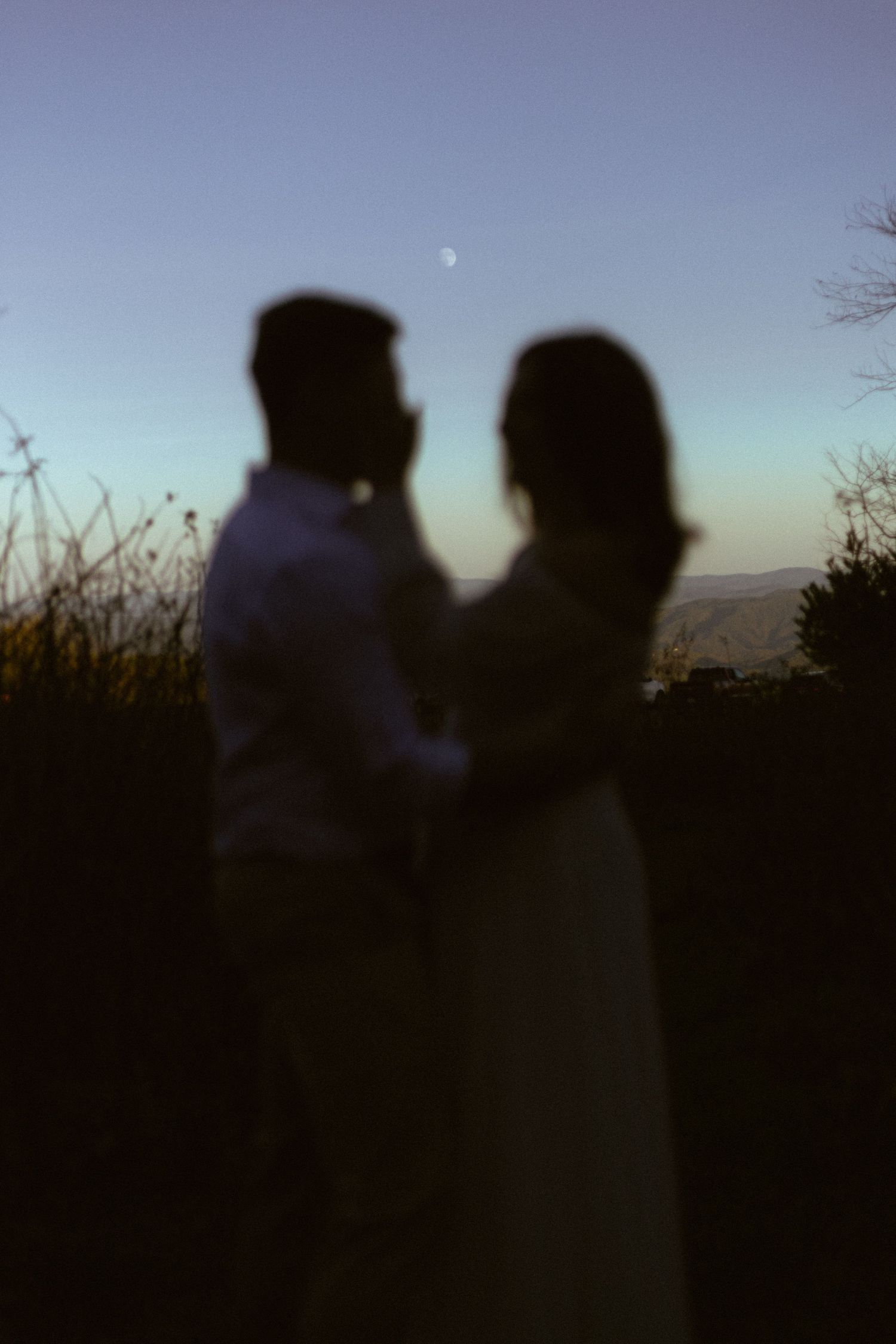 Silhouetted couple embracing against a dusky sky with visible moon.