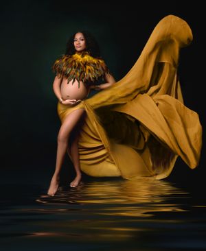 An artistic photo series showing flowing gold fabric movement with a feather top against a dark backdrop with dramatic lighting and shadows.
