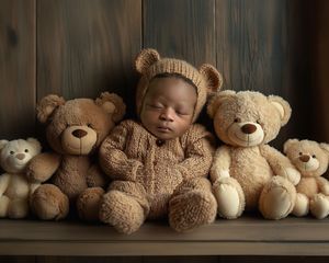 Digital background image of 4 various sized and toned teddy bears with a sleeping newborn baby sitting on a shelf.