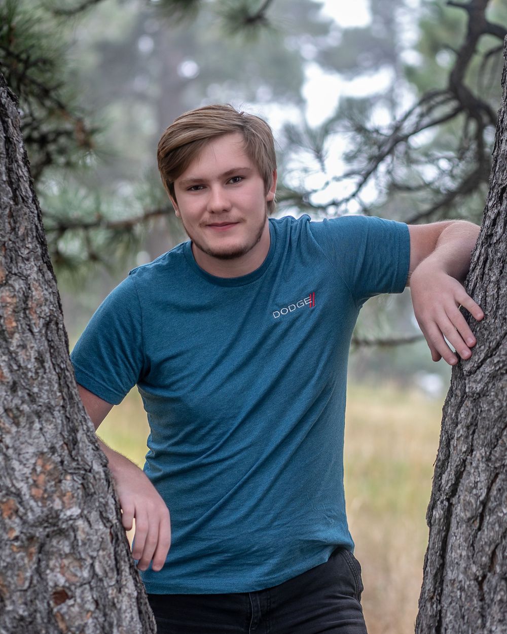 Casual outdoor portrait between two trees of person in blue t-shirt. Senior Portrait Photographer | Denver, Broomfield, Boulder