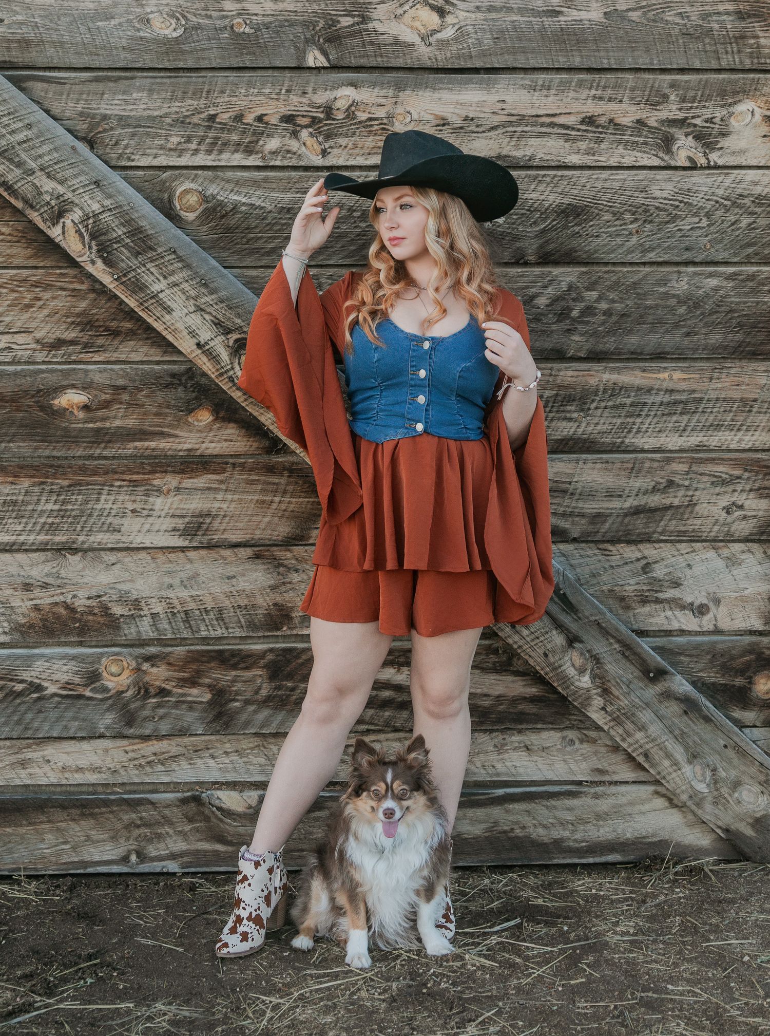 A series of fashion photos showing a rust-colored blazer styled with a blue dress against a rustic wooden background.