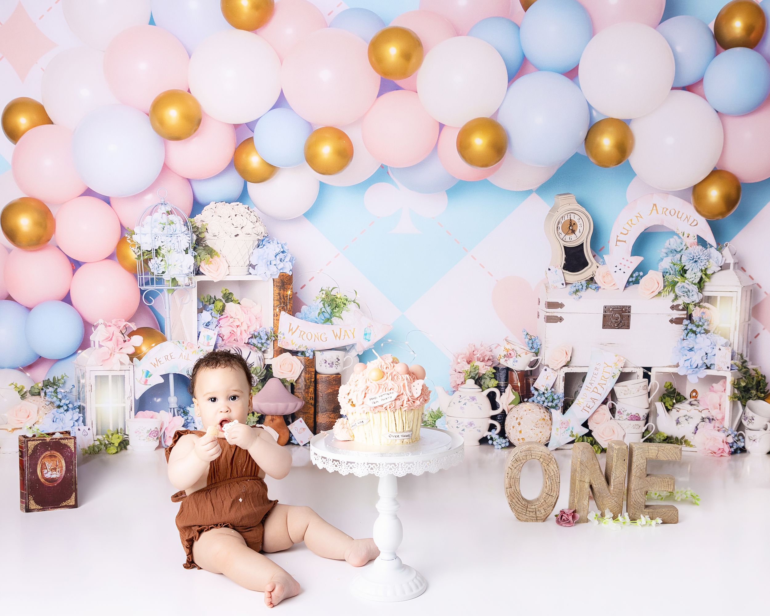 Pink and blue balloon backdrop with cake smash photography setup featuring stuffed animals and rustic decorative elements.