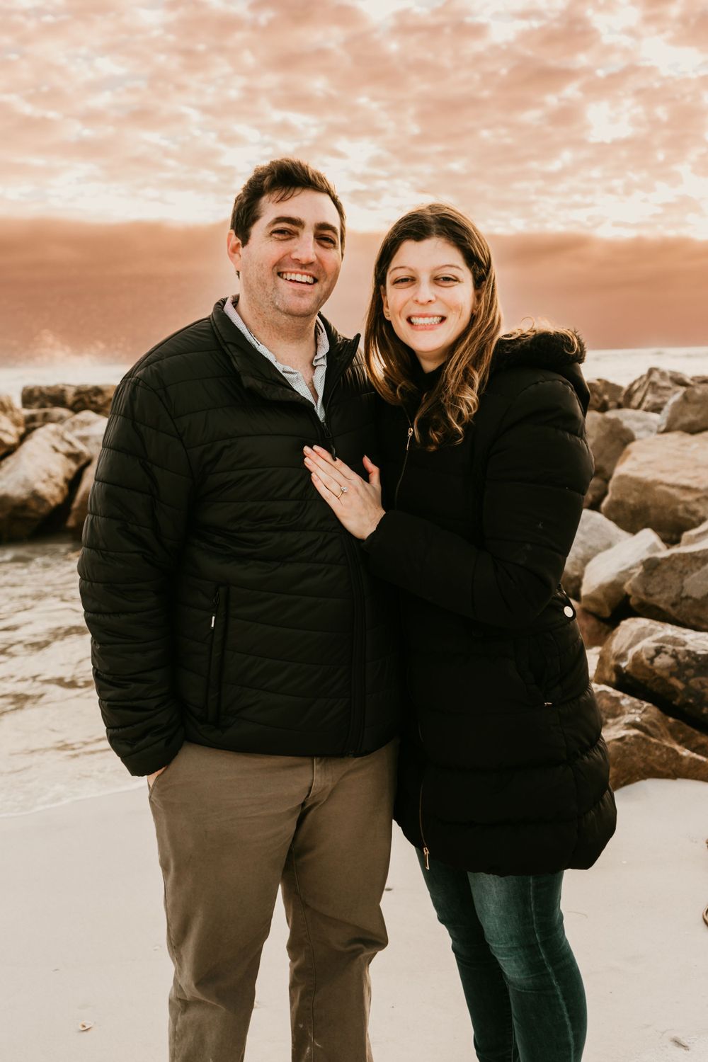 Proposal Session at Sunset Upham Beach Saint Petersburg, FL at Sunset; Couple posing together