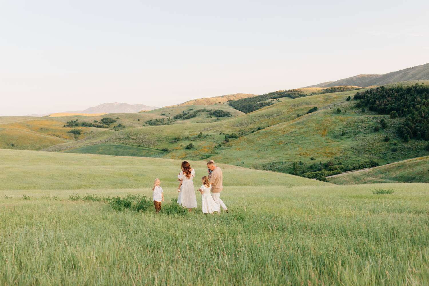 Family of four dressed in neutral colors embracing in a green Utah field with a sun flare shining through the trees