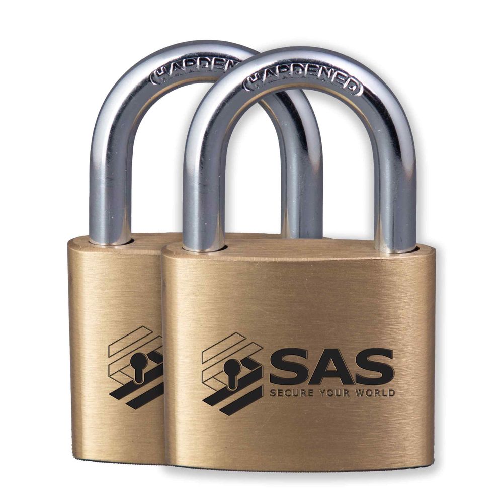 Two brass SAS branded security padlocks with steel shackles displayed on white background.