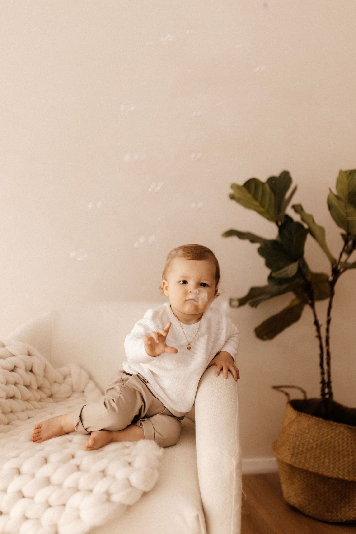 Small child sitting on white chunky knit blanket next to a potted fig plant against neutral wall.