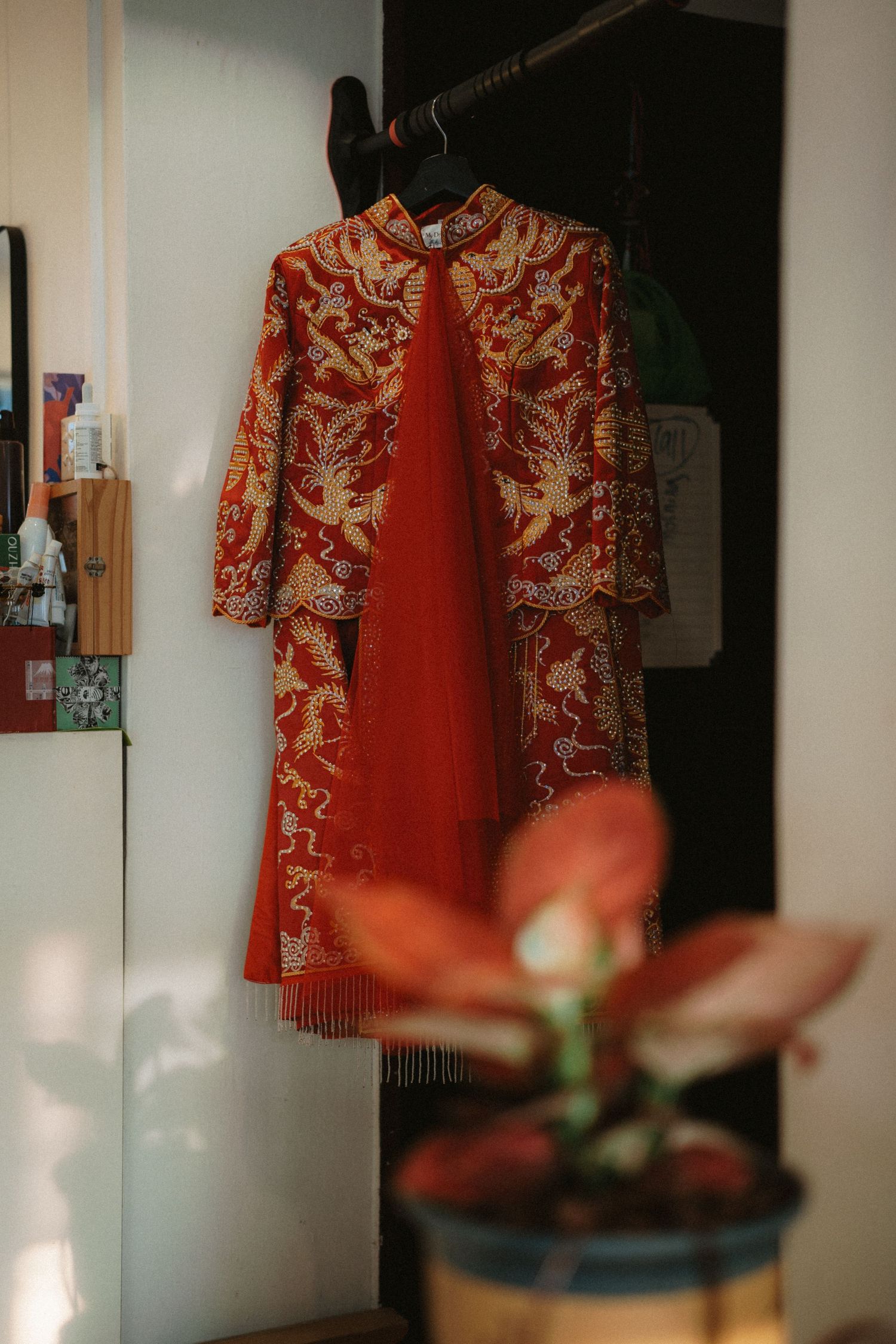 Traditional red Chinese dress with gold embroidered patterns hanging on display next to a potted plant.
