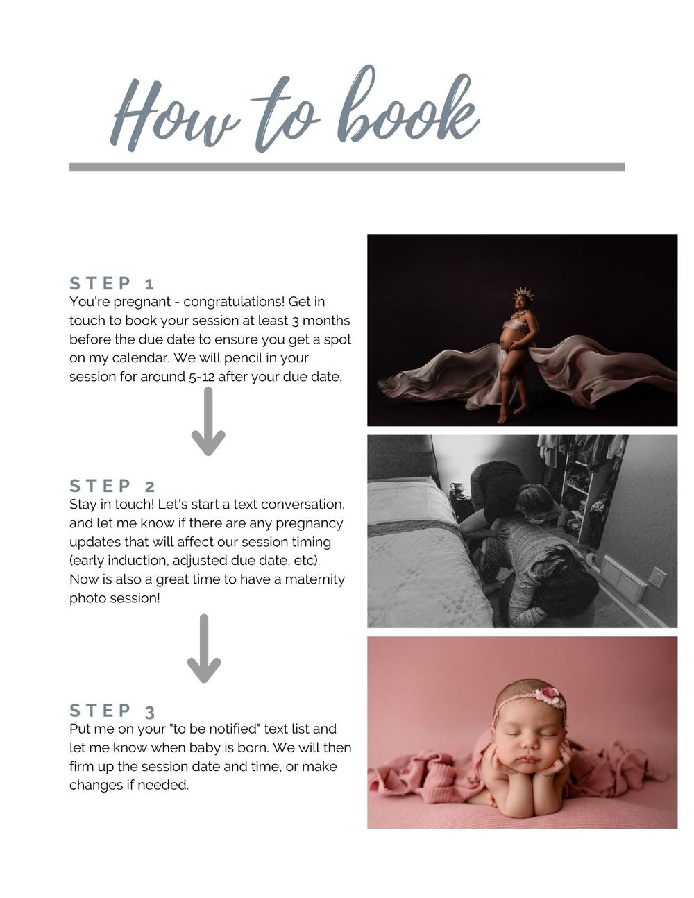 Step-by-step booking guide for newborn photography sessions showing different photo examples and instructions.