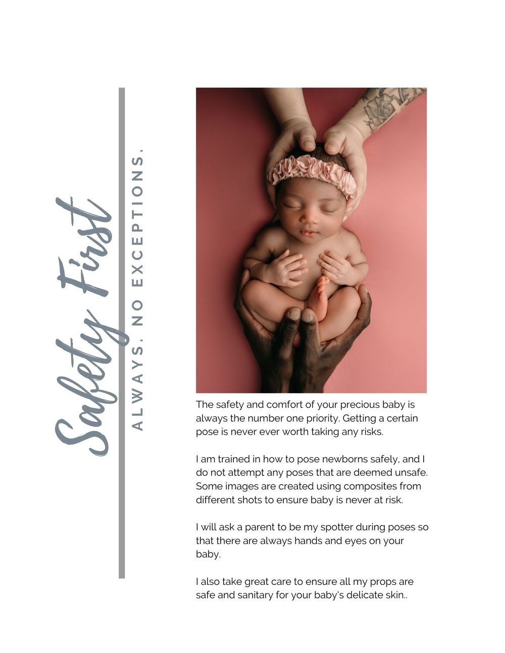 Photography safety guide with newborn posed in gentle hands against pink backdrop.