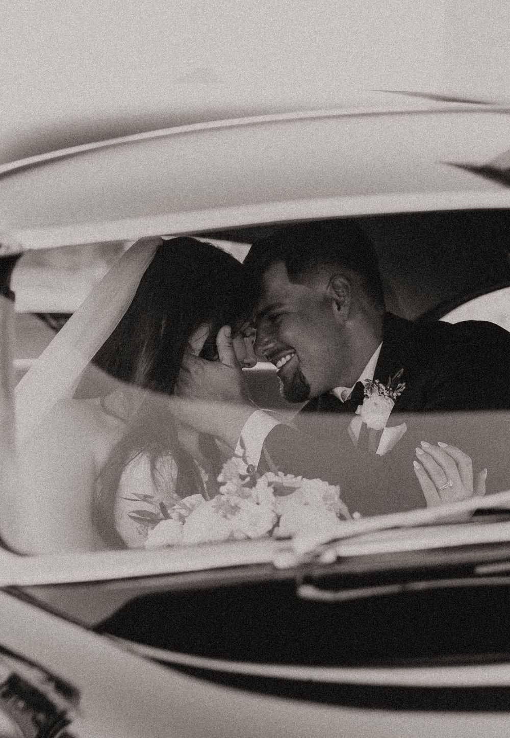 A black and white photo sequence shows a couple sharing an intimate moment inside a car.