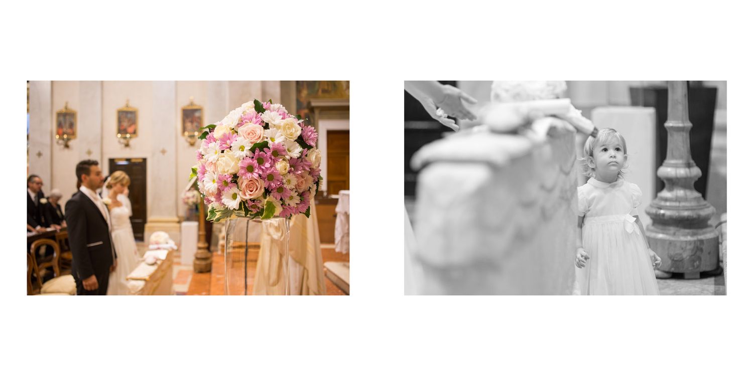 Wedding ceremony in a church with pink floral arrangements and elegant decor.