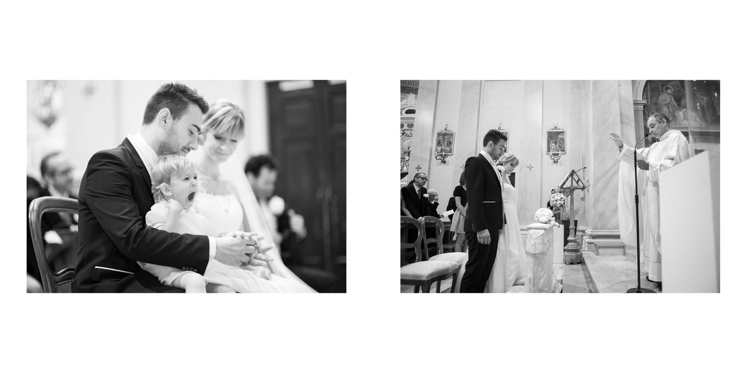 Candid black and white shots of wedding ceremony readings and vows being exchanged.