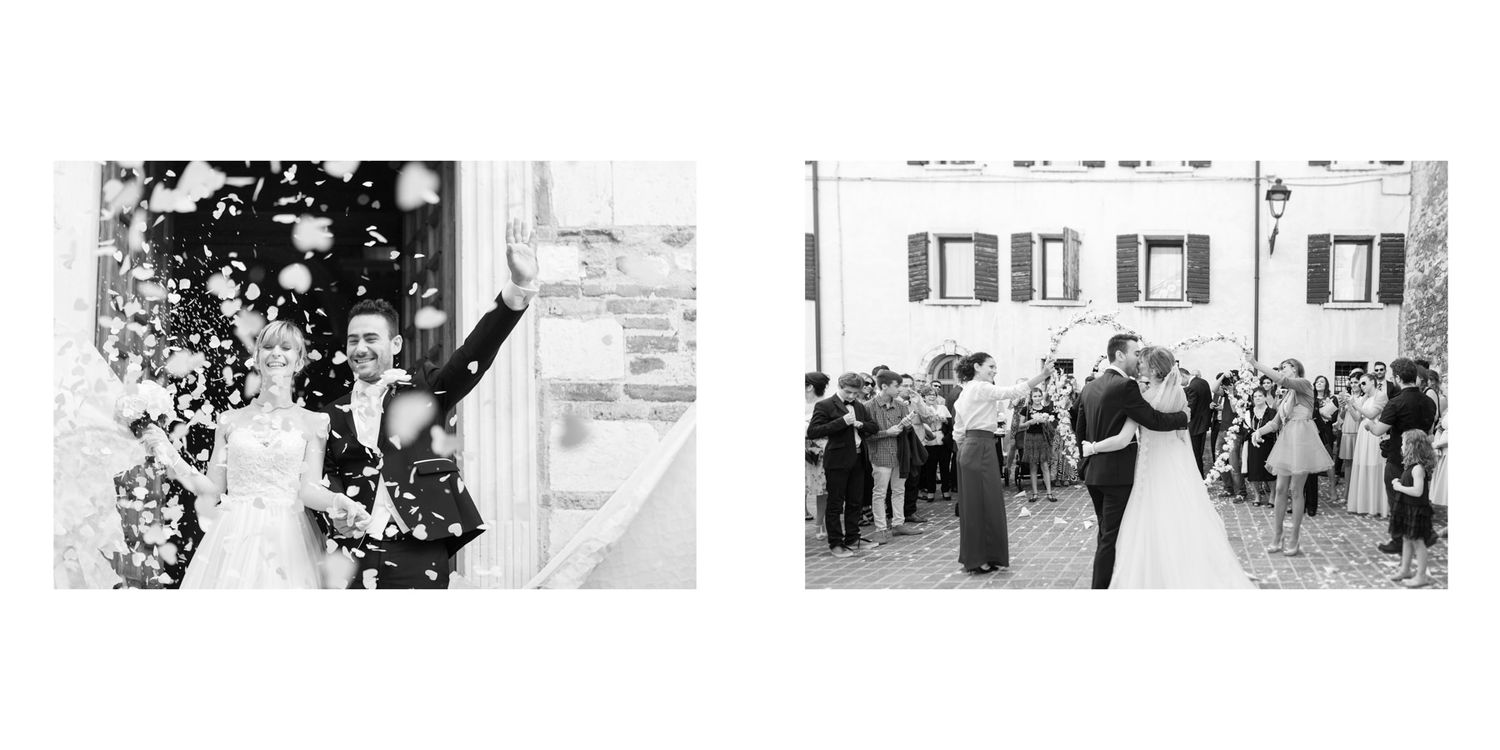 Black and white photos of newlyweds celebrating with guests and confetti outside.