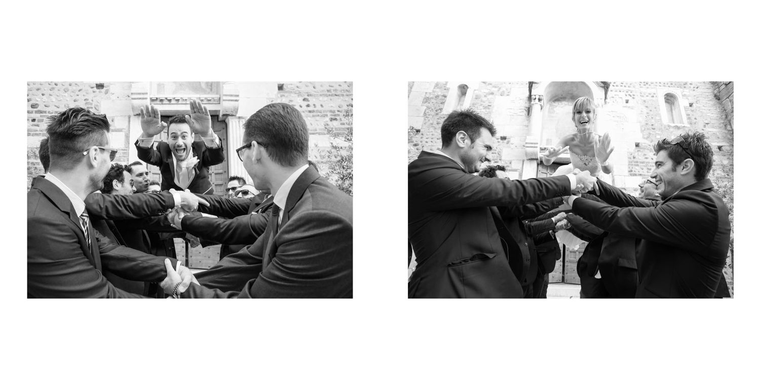 Groomsmen sharing celebratory drinks and toasts before the wedding ceremony.