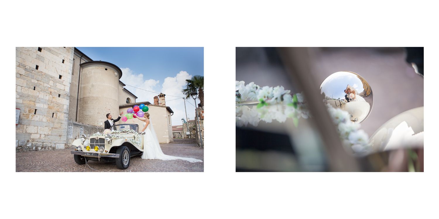 Classic vintage car featured in outdoor wedding photos at a historic venue.