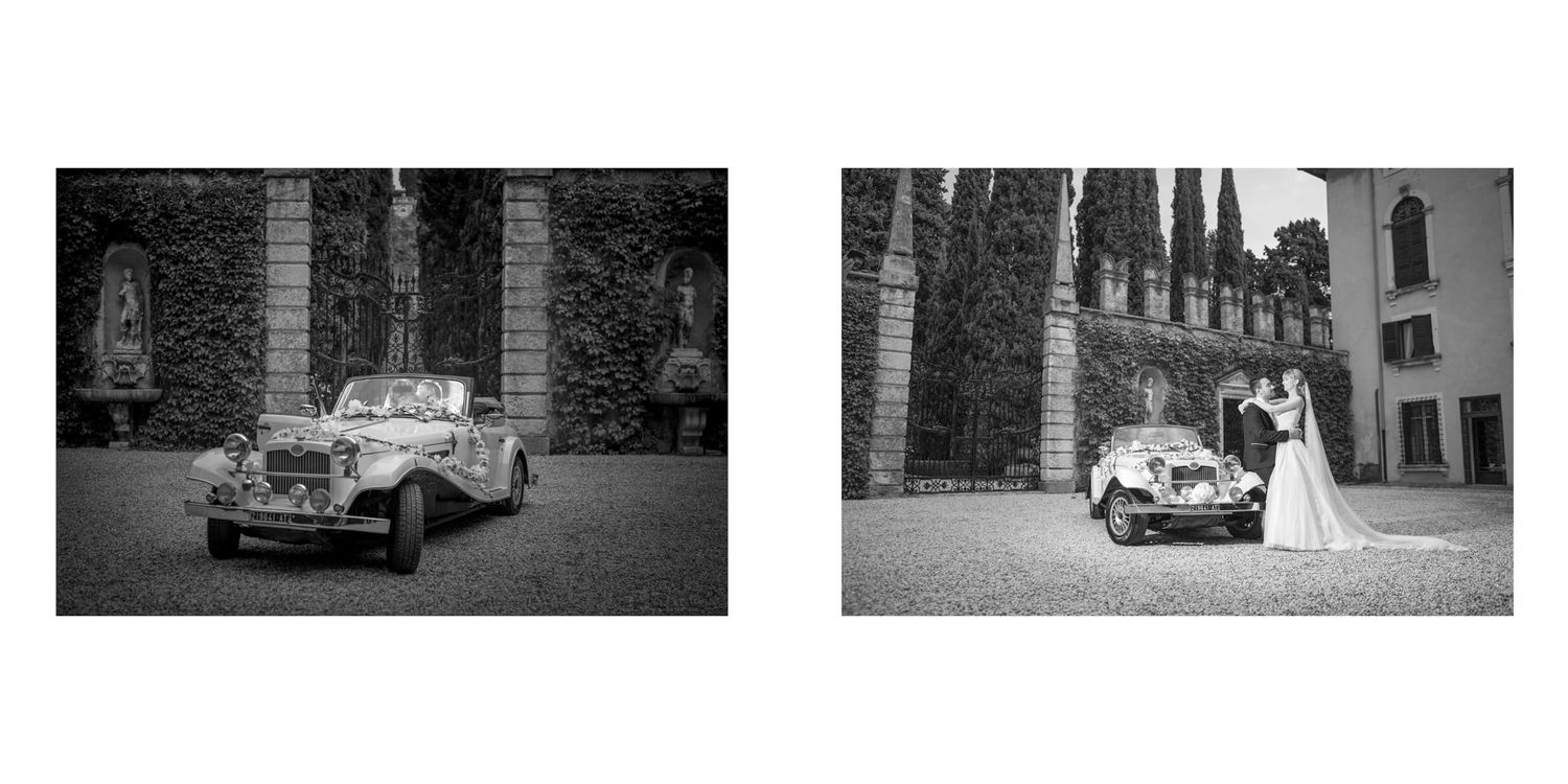 Elegant black and white photos of vintage wedding cars at a historic castle setting.