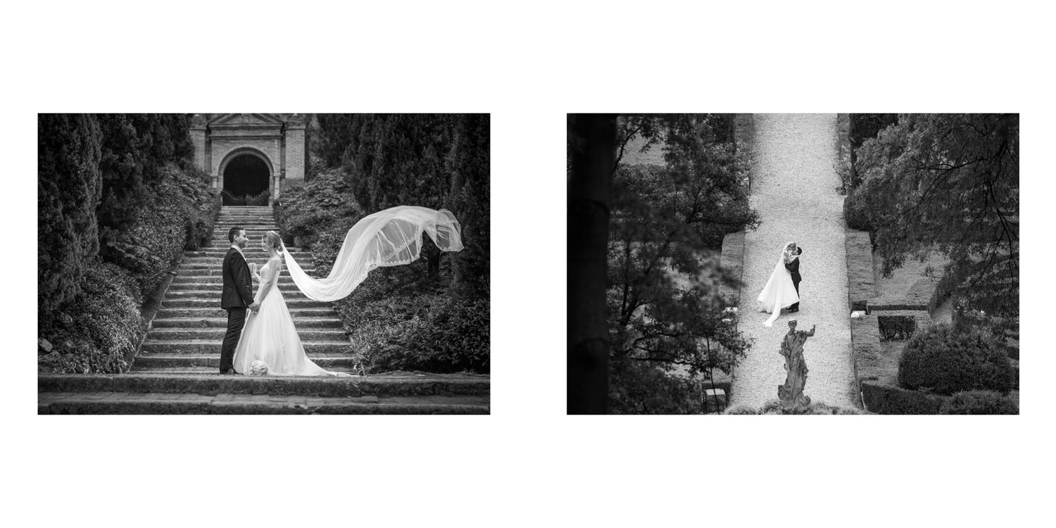 Black and white wedding photos showing romantic moments in an elegant garden setting.