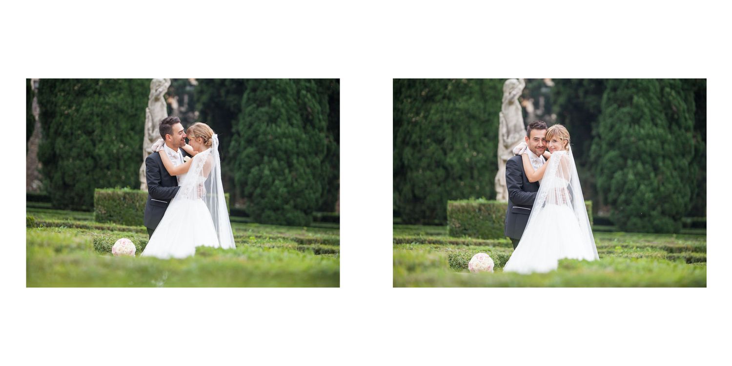 Intimate outdoor wedding portraits captured in a lush garden setting.