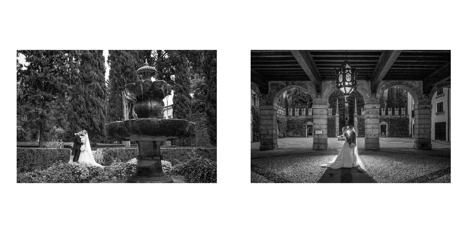 Elegant wedding photography series featuring couples in outdoor garden and architectural settings.