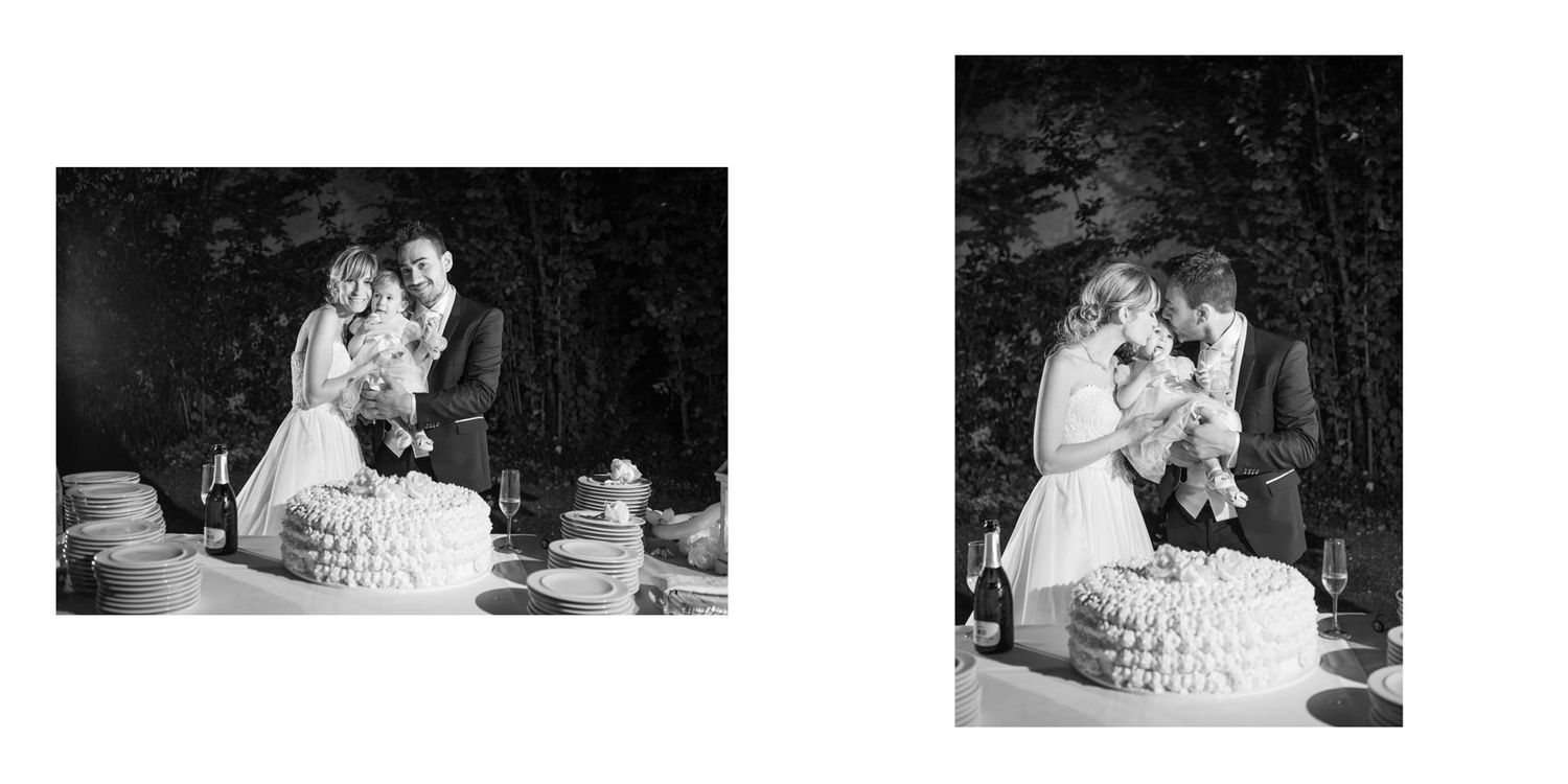 Wedding cake cutting and celebration moments captured in black and white photography.