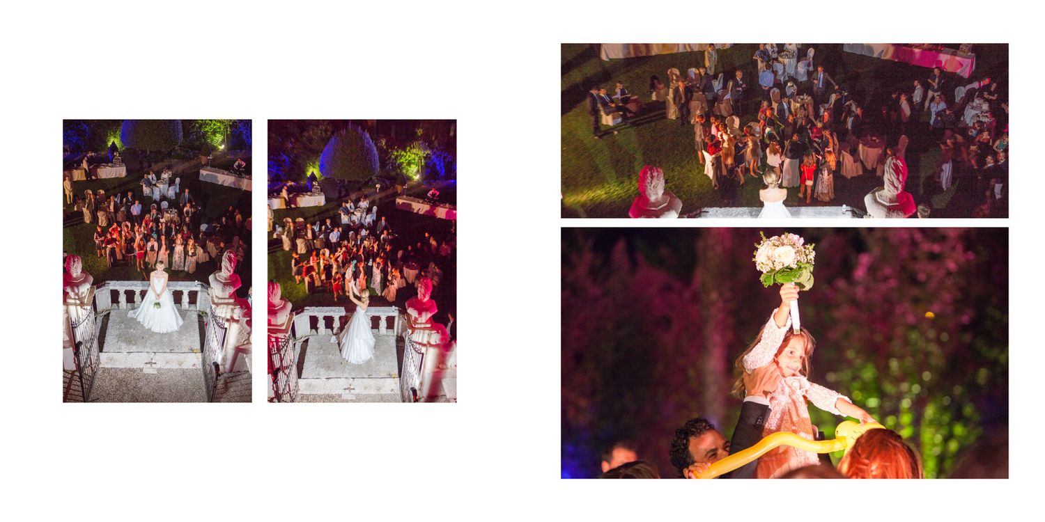 Wedding reception dance floor scenes with colorful lighting and celebrating guests.