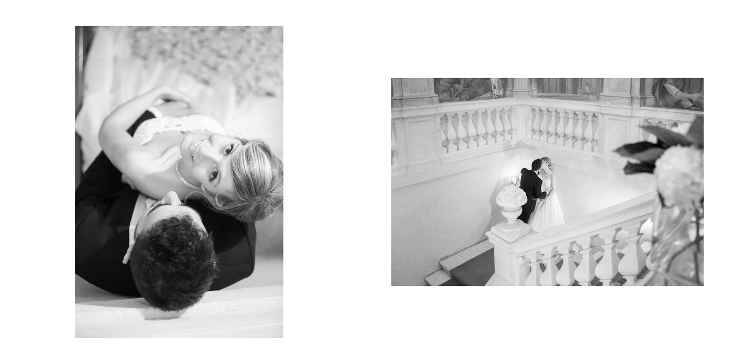 Black and white wedding photography showcasing romantic moments against classic architecture.