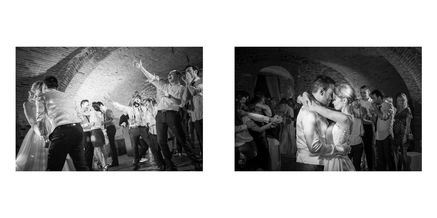 Romantic black and white dance scene at an elegant wedding reception.
