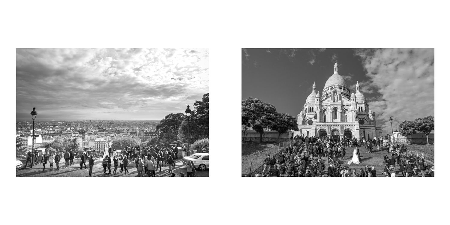 Panoramic view of the iconic Sacré-Cœur Basilica in Paris against a cloudy sky.