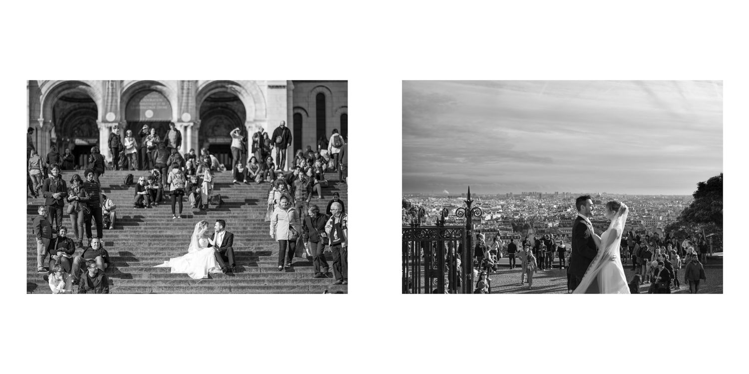 Wedding celebration with guests dancing in front of historic Parisian architecture.