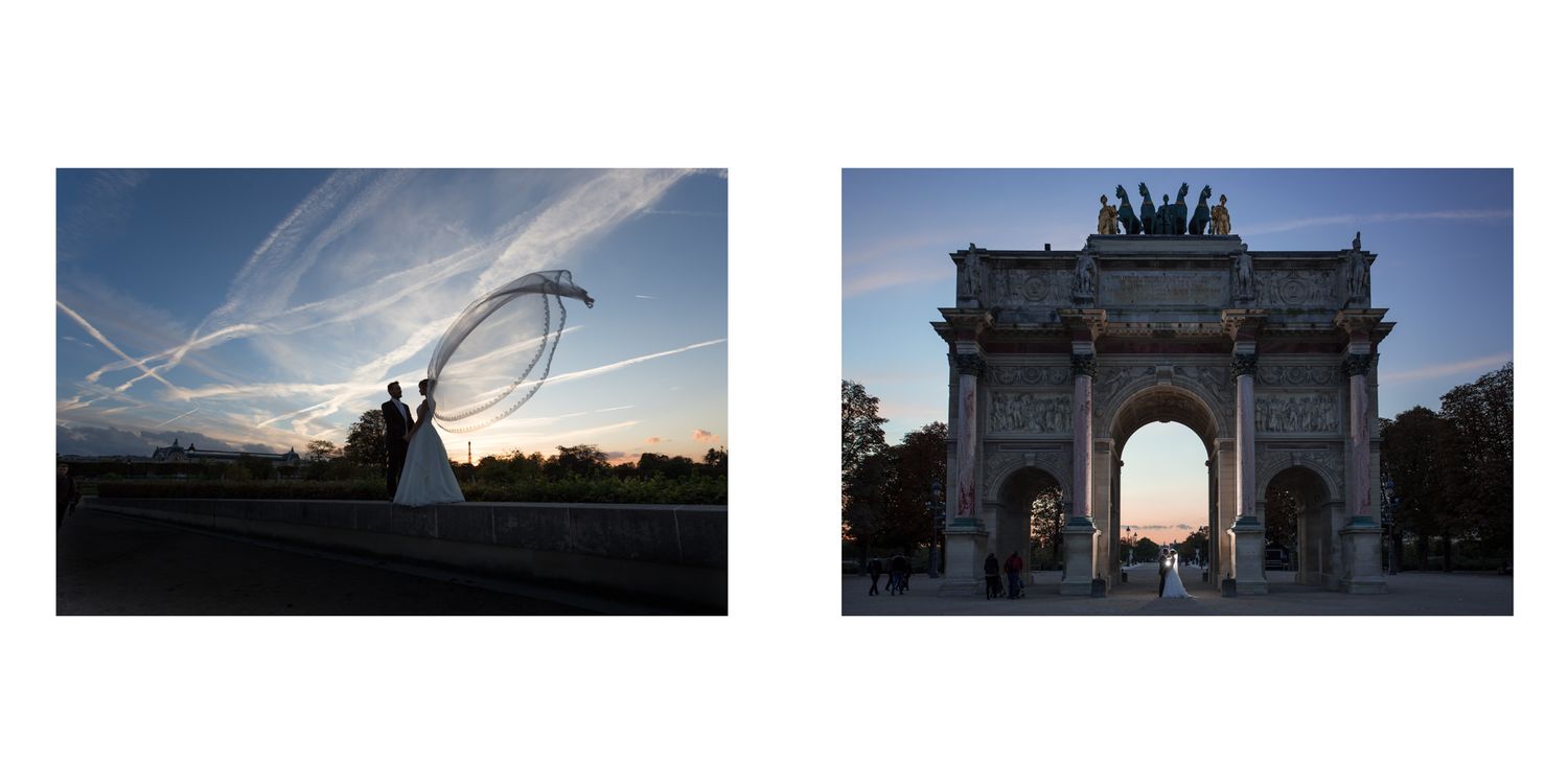 Silhouette of the Arc de Triomphe against a dramatic sunset sky in Paris.