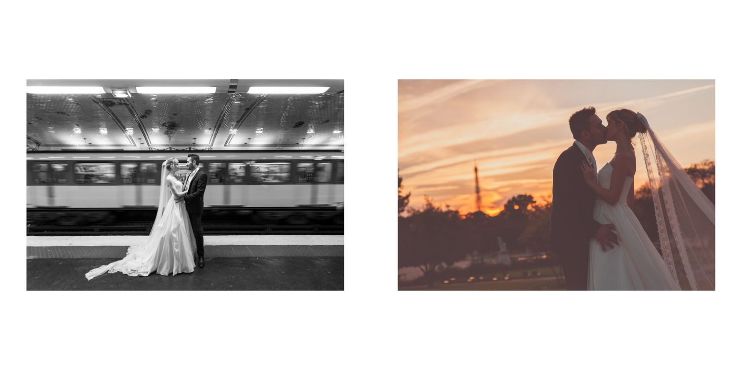 Silhouettes of couples against dramatic sunset and city backdrops.