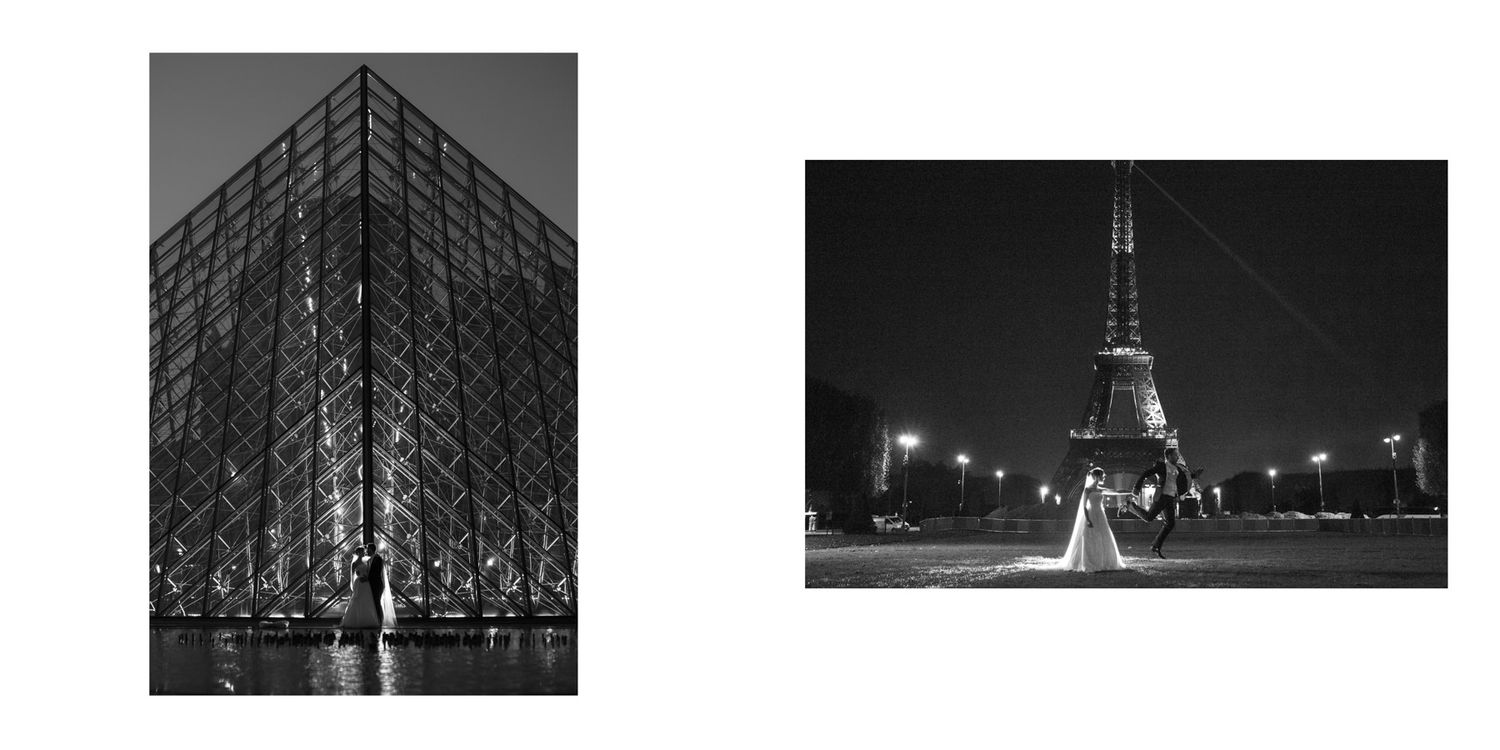 Black and white architectural cityscape photographs showing urban buildings and bridges at night.