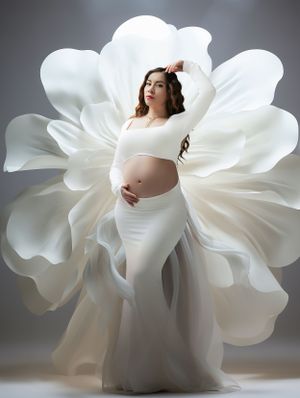 Artistic maternity photo featuring flowing white fabric creating a flower-like effect around the expectant mother.