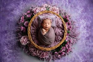 Newborn baby swaddled in purple wrap sleeping in wicker basket surrounded by pink and lavender roses on purple background.